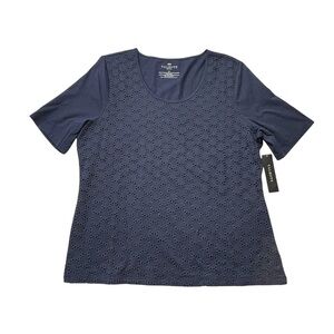 NEW Talbots Short Sleeve Lace Front Top Sz LP Petite Navy Blue Soft Cotton Modal